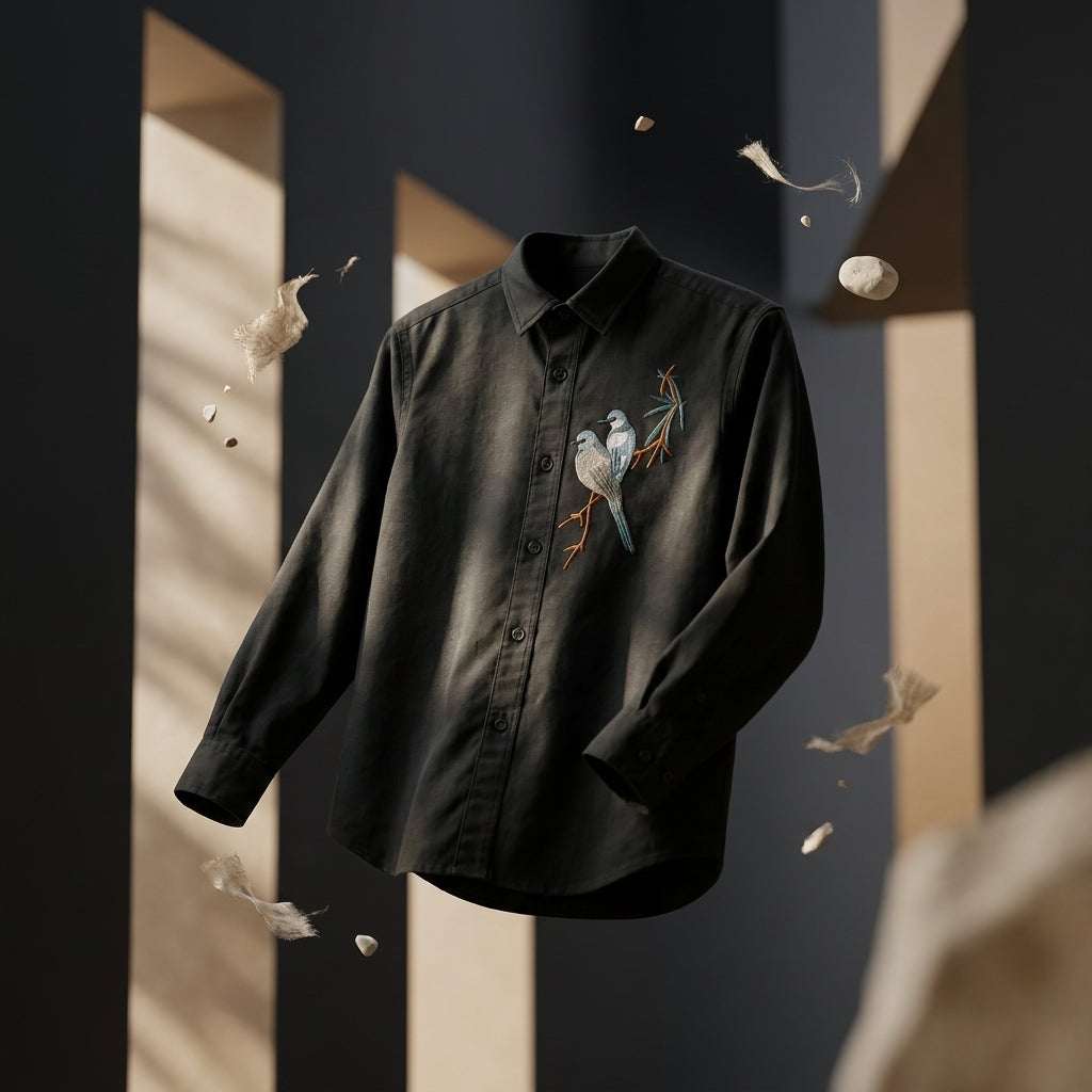 Twin Sparrow Embroidered Shirt Black