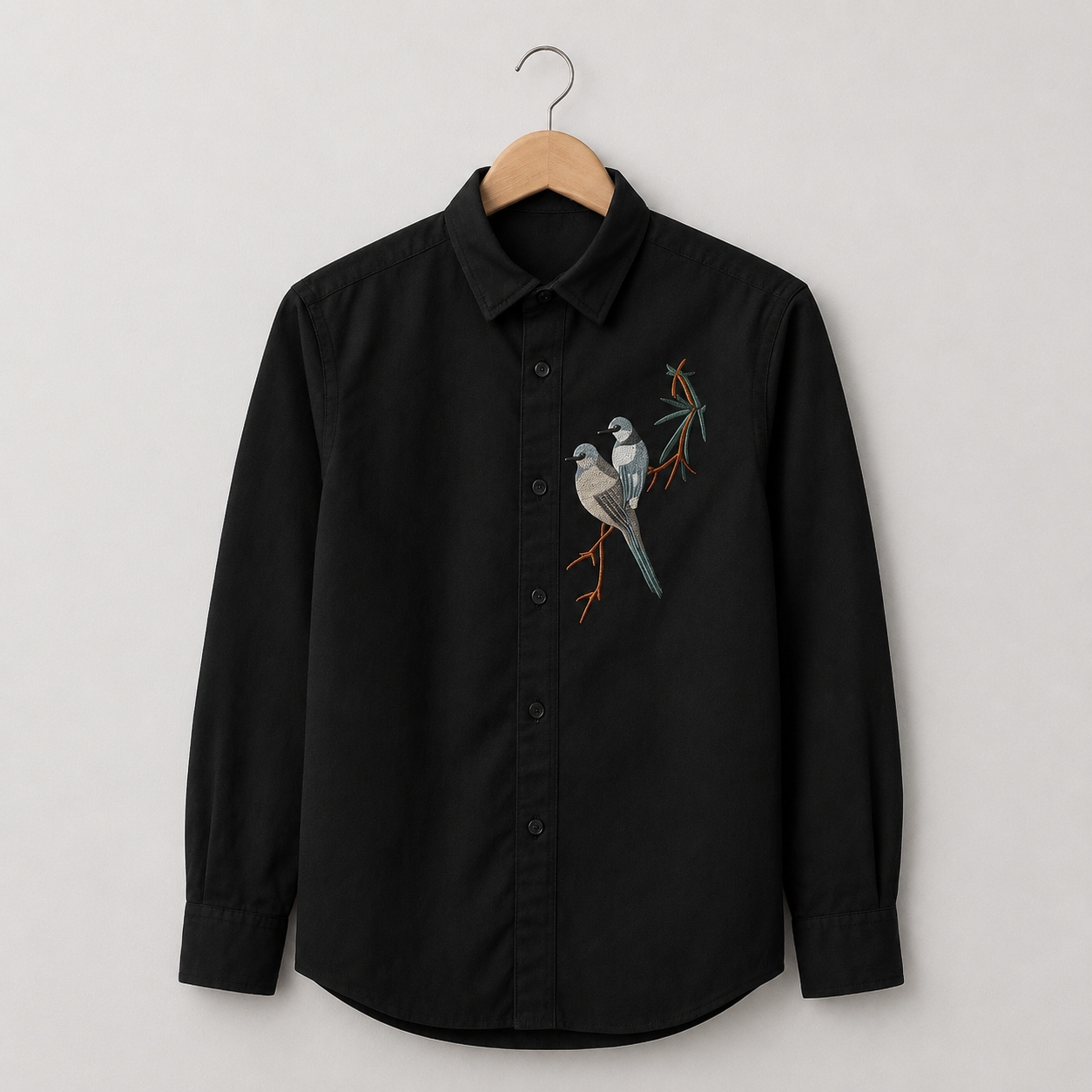 Twin Sparrow Embroidered Shirt Black