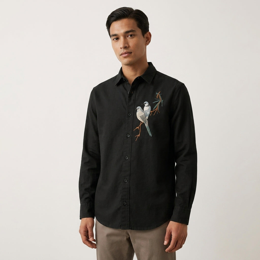 Twin Sparrow Embroidered Shirt Black