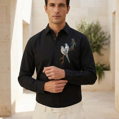 Twin Sparrow Embroidered Shirt Black