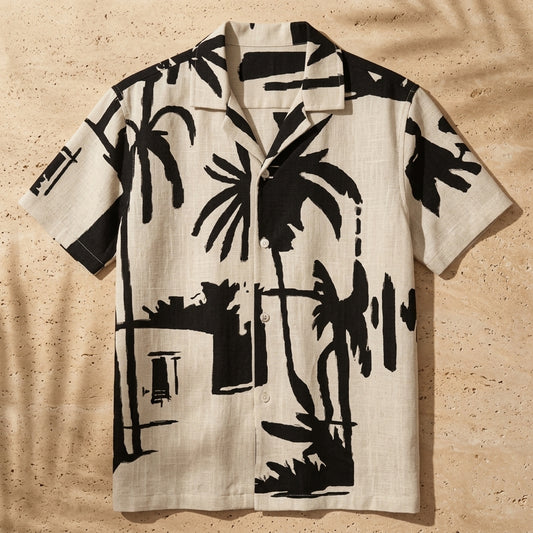 Black & White Palm Print Cuban Shirt