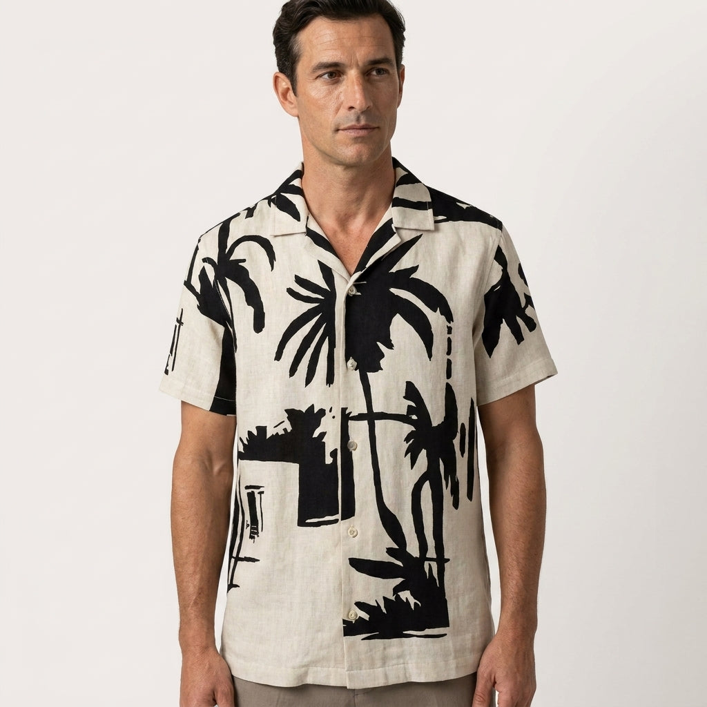Black & White Palm Print Cuban Shirt