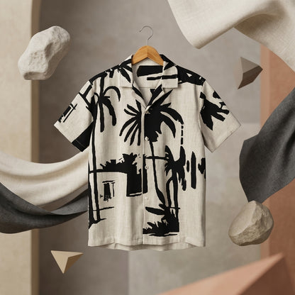 Black & White Palm Print Cuban Shirt